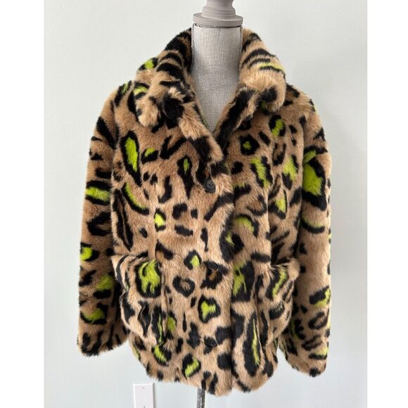 Topshop Jackets & Blazers - Topshop Animal Print Leopard Neon Green Faux Fur Coat Brown Jacket US 6 UK 10